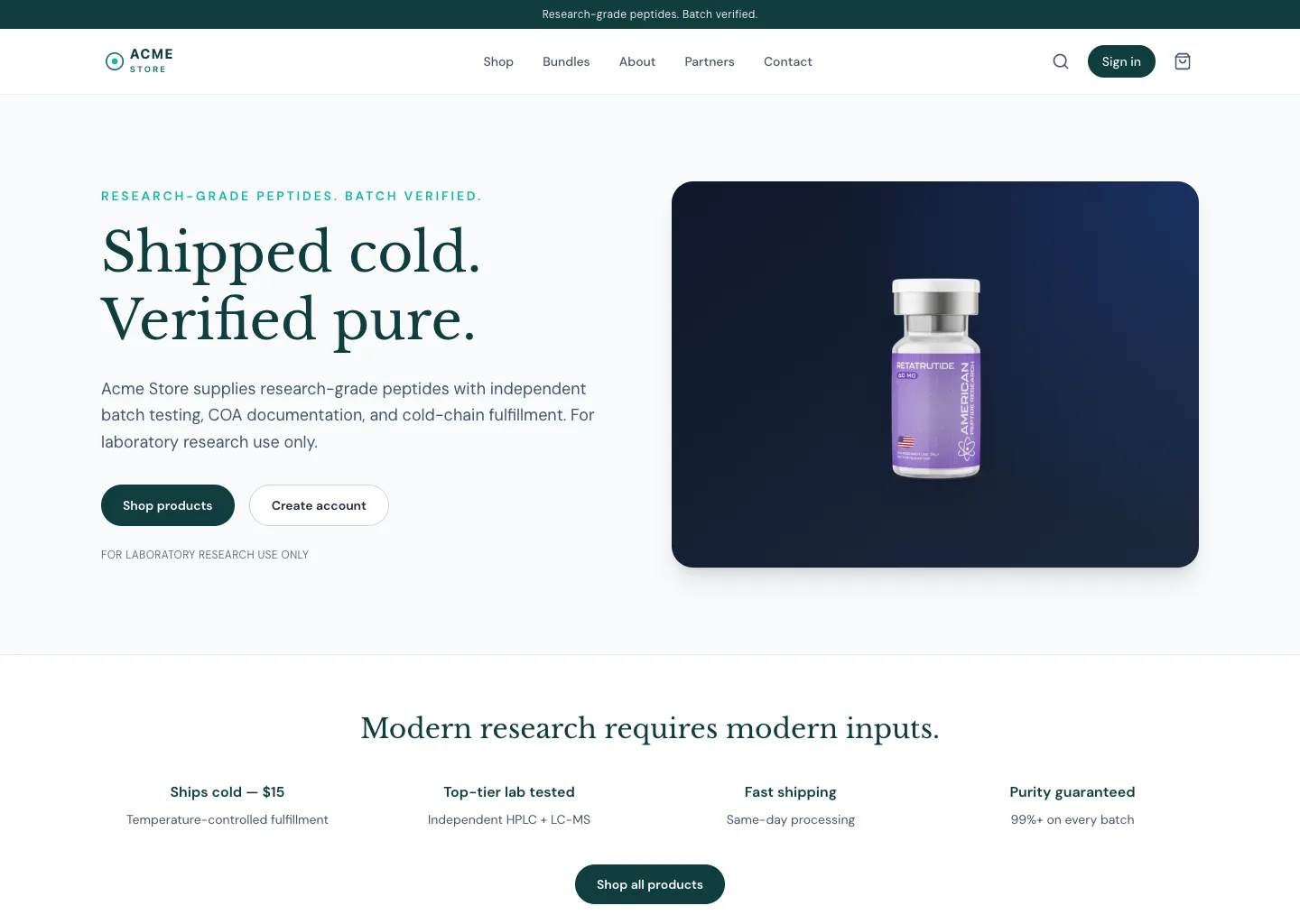 Live Acme Store storefront homepage with branded navigation, product hero, and trust information
