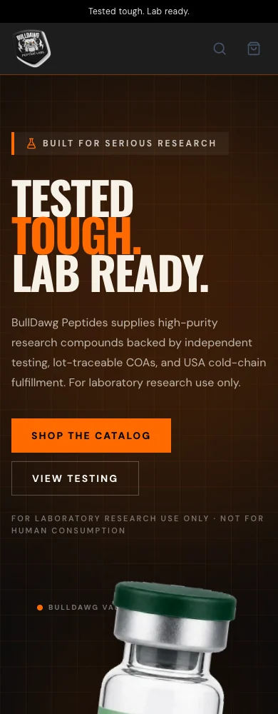 Mobile BullDawg Peptides homepage with logo, black and orange branding, and transparent vial hero