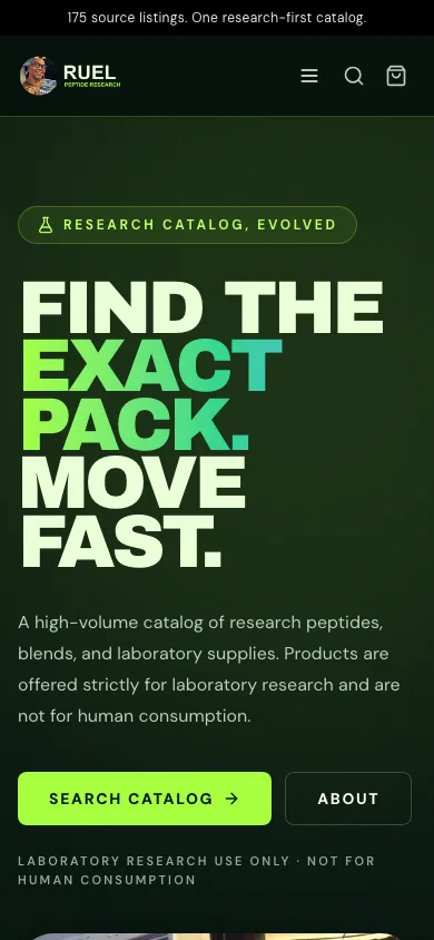 Mobile RUEL Peptide Research homepage with dark green branding and catalog hero