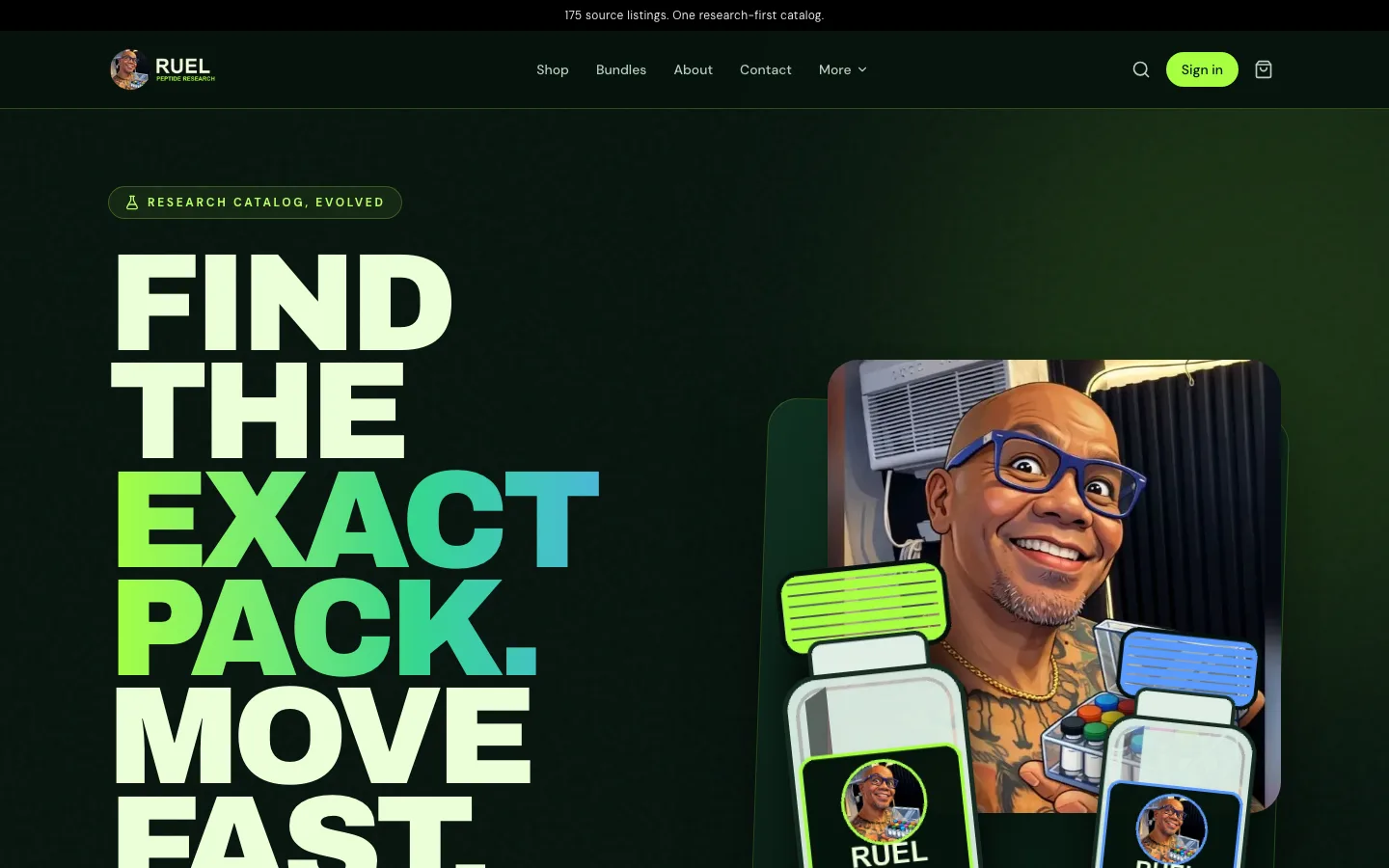 Live RUEL Peptide Research storefront showing dark green branding, catalog hero, and product imagery